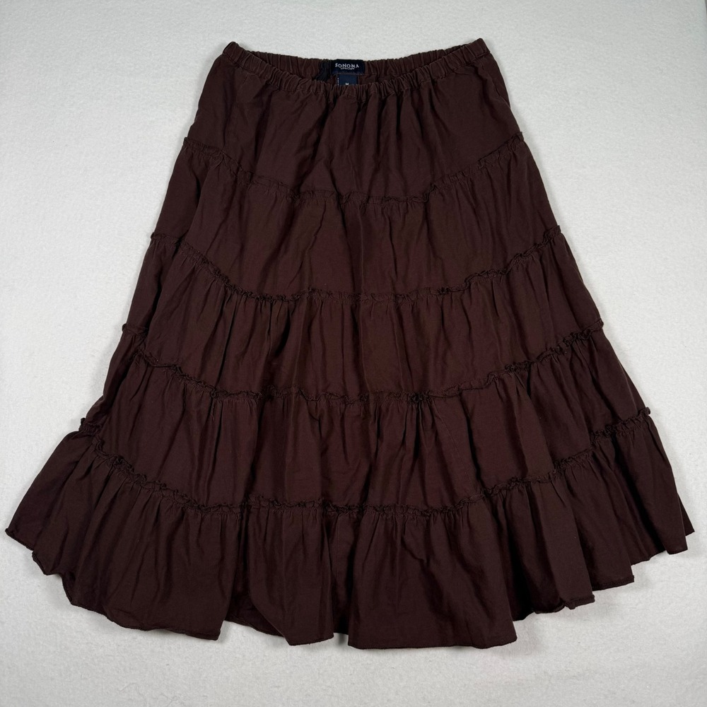 Sonoma Life Style Brown Tiered Cotton Midi Skirt Elastic Waist Boho Womens M